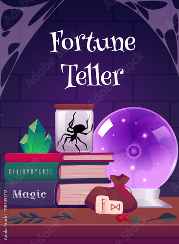 Magical vector elements on the divination poster: crystal ball, runes, crystal and books about magic