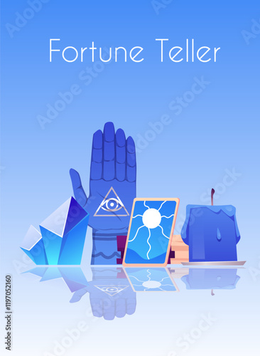 Vector illustration of a poster with magic items on a blue background with space for text.