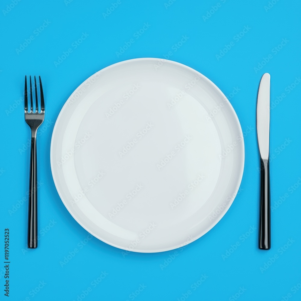 Empty Circular Plate with Fork and Knife on Blue Background Empty Circular Plate with Fork and Knife on Blue Background