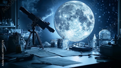 A nighttime astronomy scene scientist observing moon through telescope in scientific laboratory exploration photo