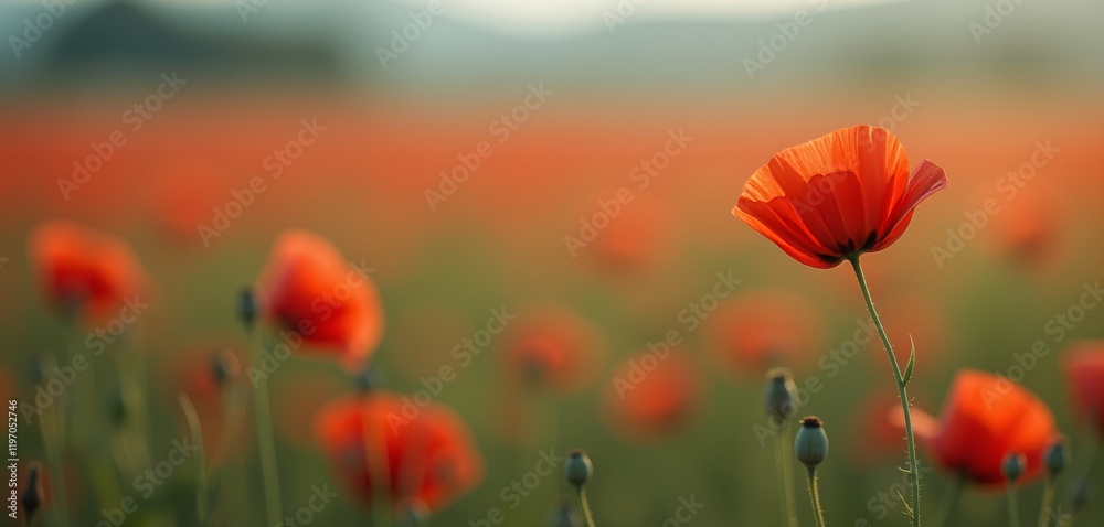 Fototapeta premium Field of orange-red poppies glowing in warm sunlight