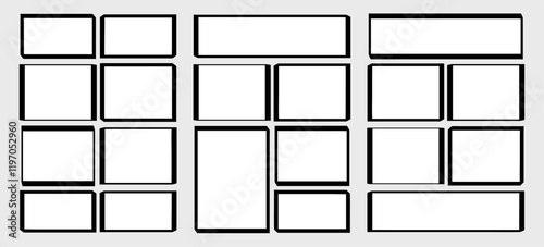set storyboard layout template for rapidly create the comic book style. A4 design of paper ratio is fit for print out. Vector isolated banners frame, handmade black ink sketch in paint brush style