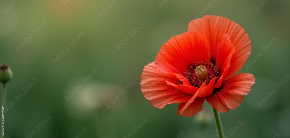 Single red poppy with soft green backdrop Single red poppy with soft green backdrop