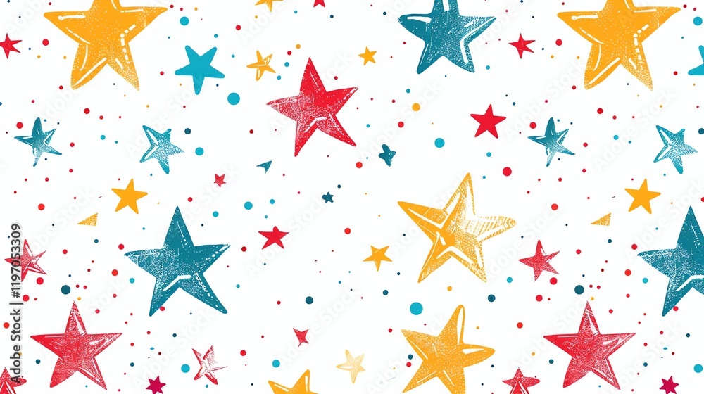 A seamless pattern of colorful stars and polka dots on a white background. A seamless pattern of colorful stars and polka dots on a white background.