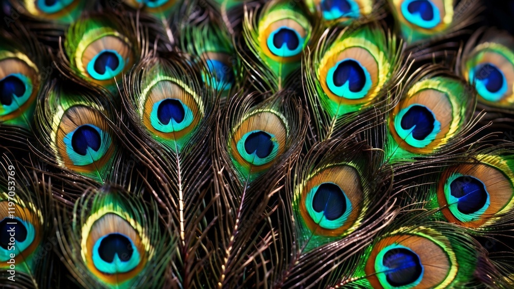 Obraz premium Macro close up Colorful peacock feathers, shallow dof texture of peacock feathers Beautiful background, rich color.Animal bird background