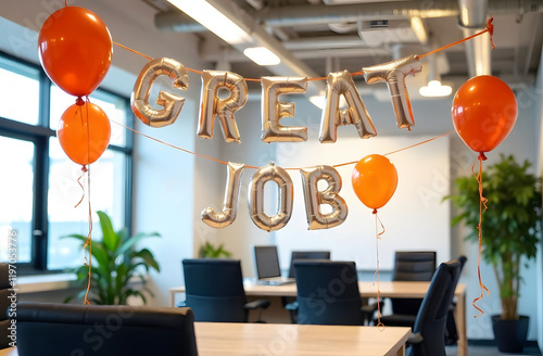 Employee Appreciation Day: Office Celebration. A decorated office features silver balloon letters spelling 