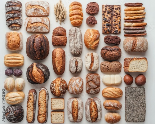 Large assortment of different types of bread on a white table, fresh pastries