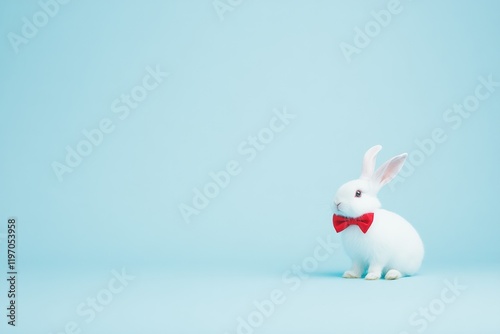 Minimalist Portrait of a Fluffy White Rabbit with Red Bow Tie for Easter Decor or Cards photo