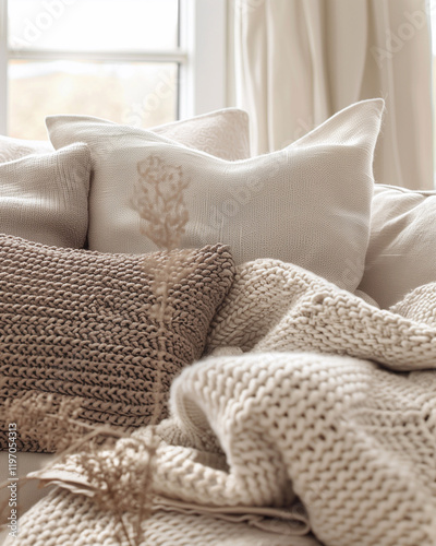 Beige sofa with a textured throw and pillow, showcasing quiet luxury and refined comfort