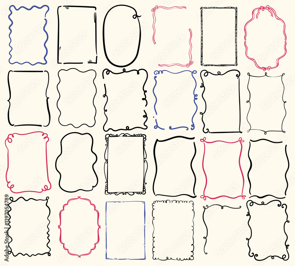 Whimsical style hand drawn collection of frames, vector illustration
