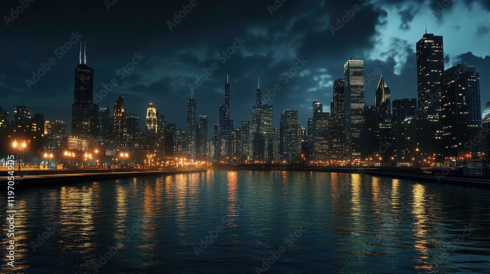 Obraz premium A City skyline illuminated at night, capturing fine textures and vivid realism