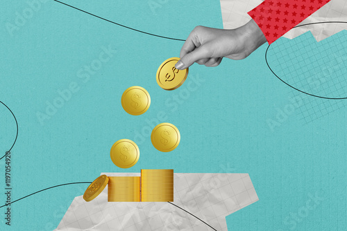Composite image montage trend artwork 3D collage of hand hold coins collect pile money finance budget earnings dollars success business