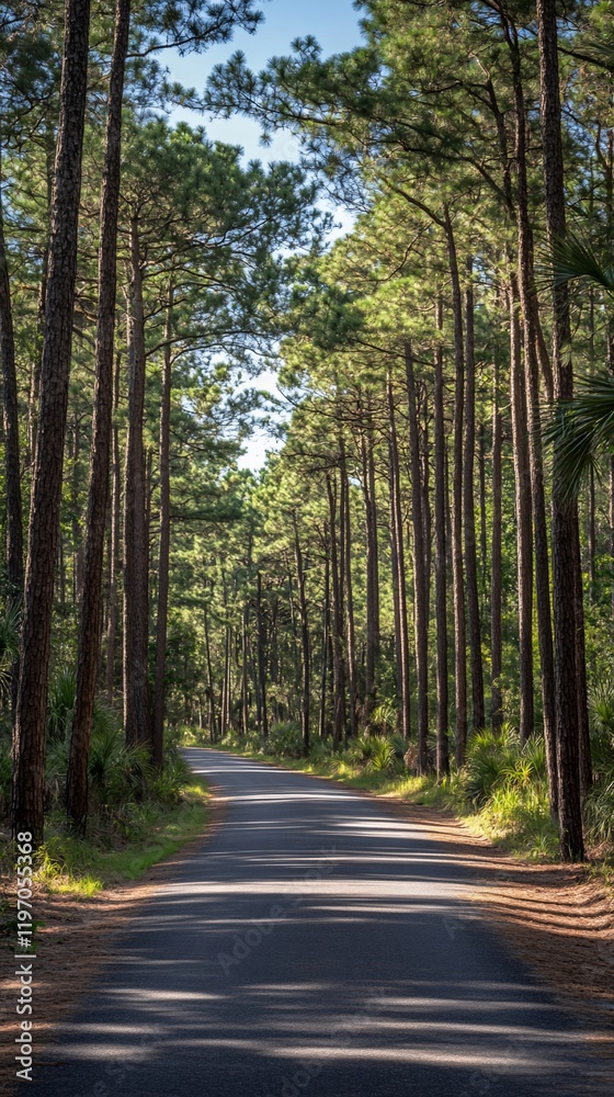 Fototapeta premium Sunny road through pine forest, nature path