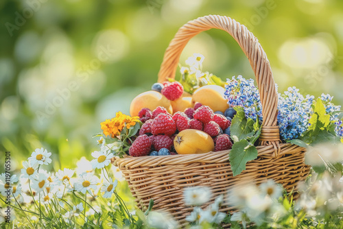 A vibrant basket full of assorted fruit and colorful flowers showcasing natures bounty in a harmonious arrangement for decoration health and culinary inspiration in a garden setting photo