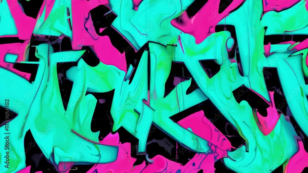 Morphing turquoise and fuchsia graffiti on black background