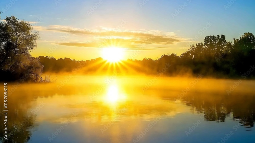 Misty sunrise over calm lake, trees reflected in water, peaceful dawn scene, ideal for nature calendars Misty sunrise over calm lake, trees reflected in water, peaceful dawn scene, ideal for nature calendars