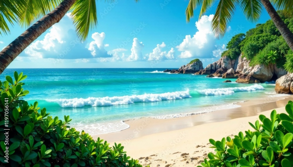 Fototapeta premium Serene ocean scene with waves on turquoise water, surrounded by lush greenery and sandy beach, nature, ocean