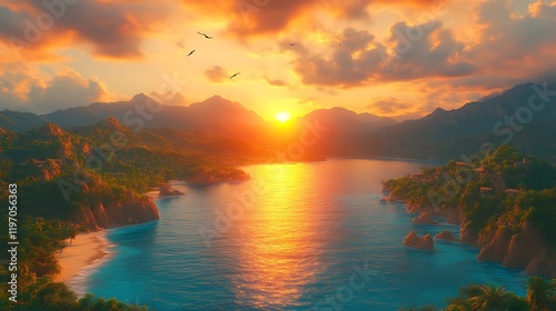 Vibrant sunset over tropical bay.