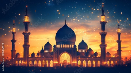 Wallpaper Mural Illuminated Mosque at Sunset Under a Starry Sky Torontodigital.ca