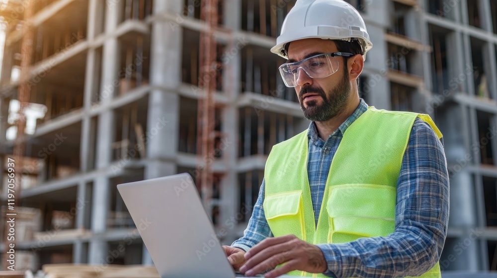 A construction engineer in a neon yellow vest and safety glasses, closely inspecting a construction site with a laptop and digital plans, with a backdrop of ongoing construction A construction engineer in a neon yellow vest and safety glasses, closely inspecting a construction site with a laptop and digital plans, with a backdrop of ongoing construction