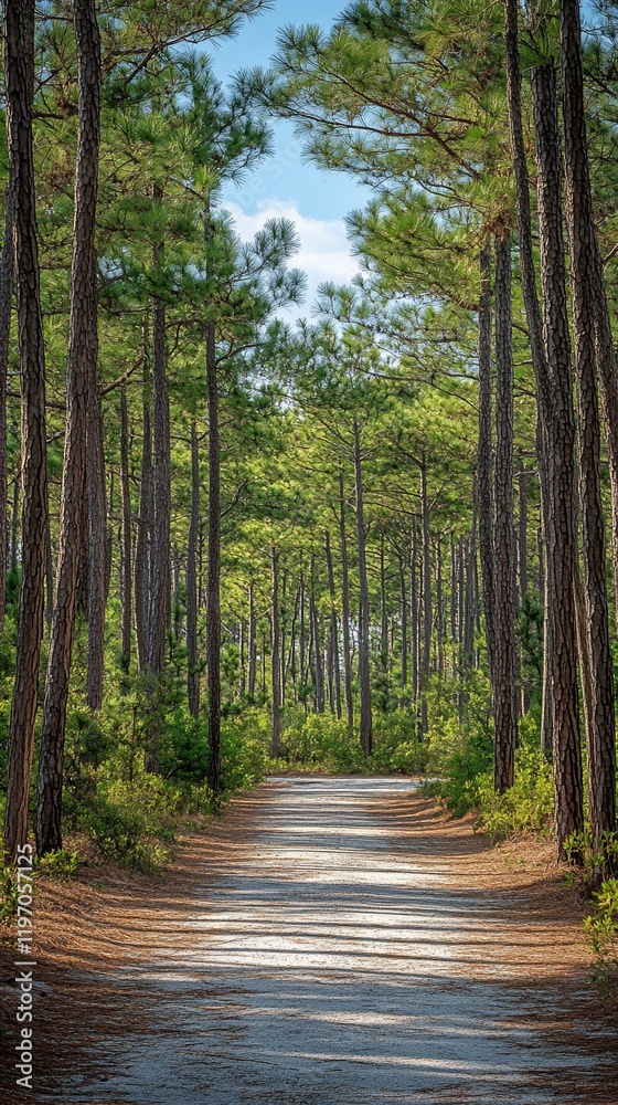 Sunlit path through pine forest, nature background, peaceful hike Sunlit path through pine forest, nature background, peaceful hike