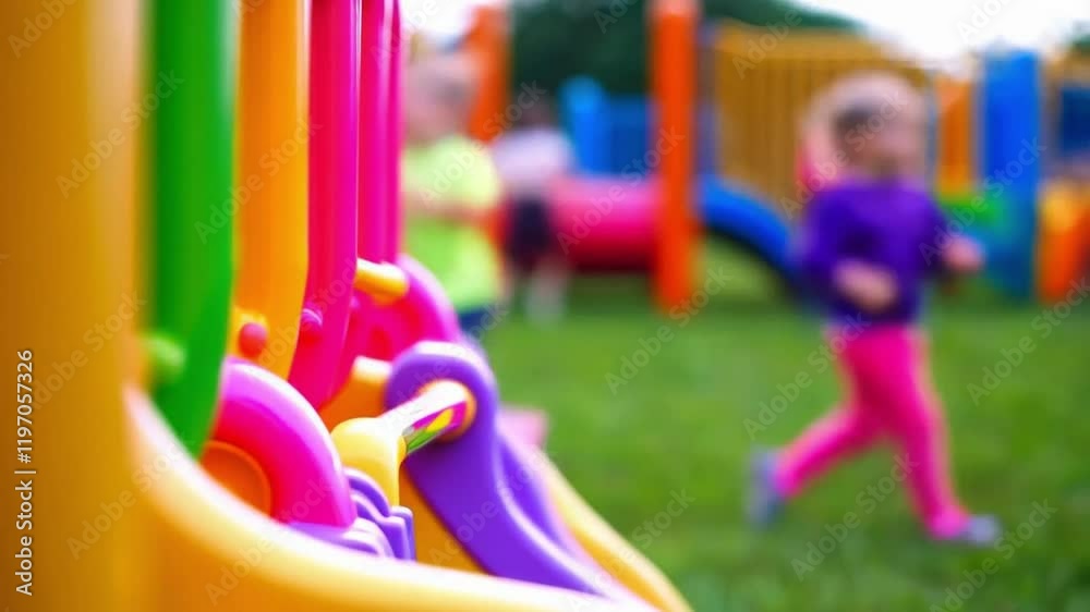 Colorful Playground Equipment in Use With Children Playing Together on a Sunny Day Outdoors