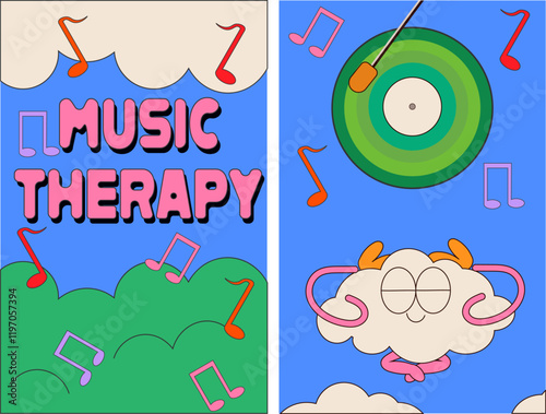 world music therapy day. Music design posters, card, banner in trendy retro style