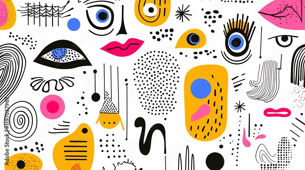 Obraz premium Abstract face pattern with eyes, lips, and shapes.
