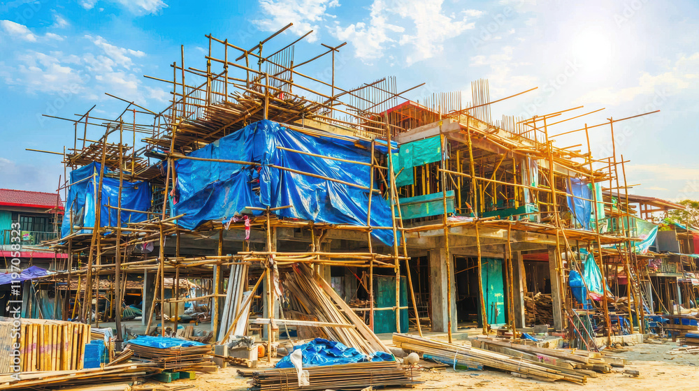 vibrant construction site featuring multi story building with scaffolding, blue tarps, and wooden materials