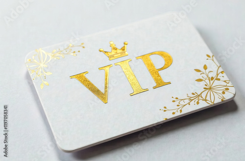 The inscription VIP in gold letters on a white background, premium VIP card with gold elements and crown.