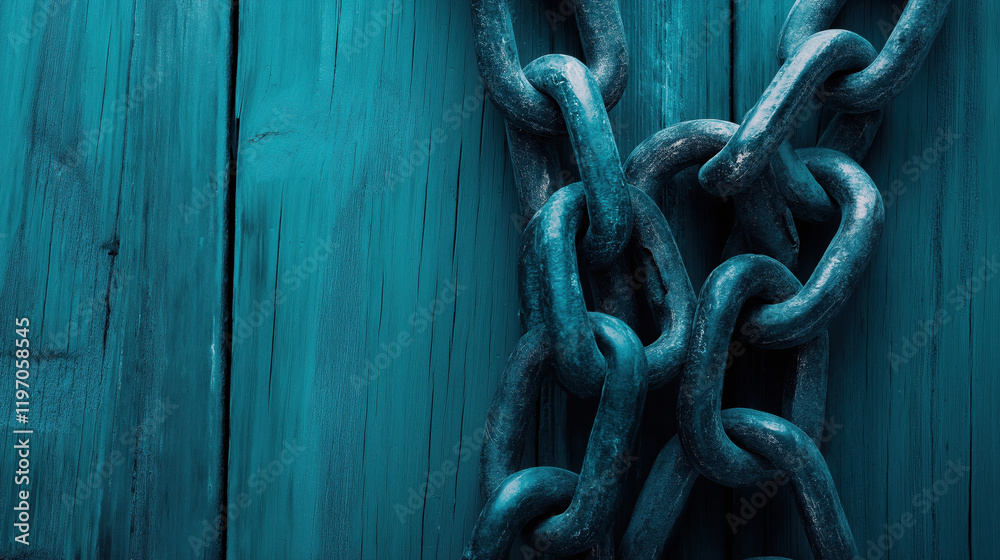 Rusty chain links on blue wooden background industrial photography close-up view grunge texture concept Rusty chain links on blue wooden background industrial photography close-up view grunge texture concept