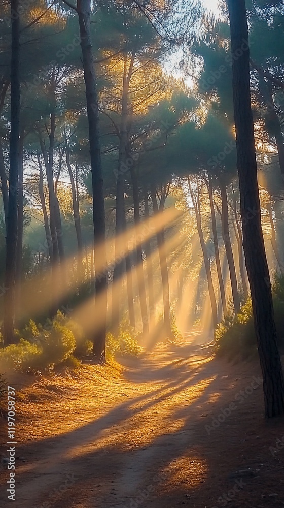 Obraz premium Sunbeams through misty pine forest path