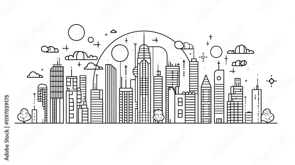 Obraz premium A line art illustration of a city skyline.