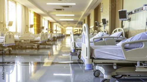 Desolate hospital hallway with empty patient beds and dim lighting, symbolizing financial struggle, closure, and healthcare challenges in modern society.