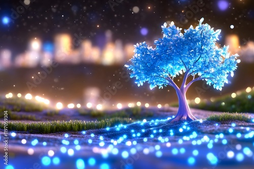 A blue glowing tree with light on the ground, a starry sky background, a fantasy city in the distance, and blue and white lights swirling around it photo