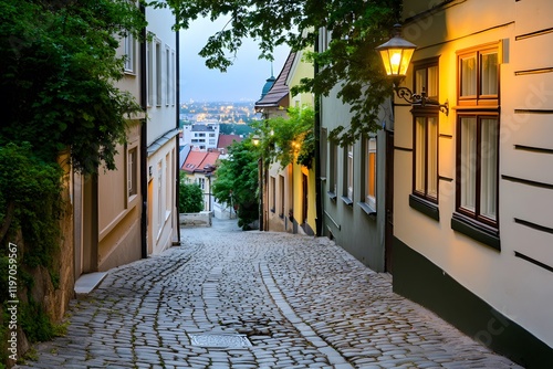 A cobblestone street leads up to the old town, with an ornate gas lamp illuminating its path and a view of the city lights in the distance. The sky is dark