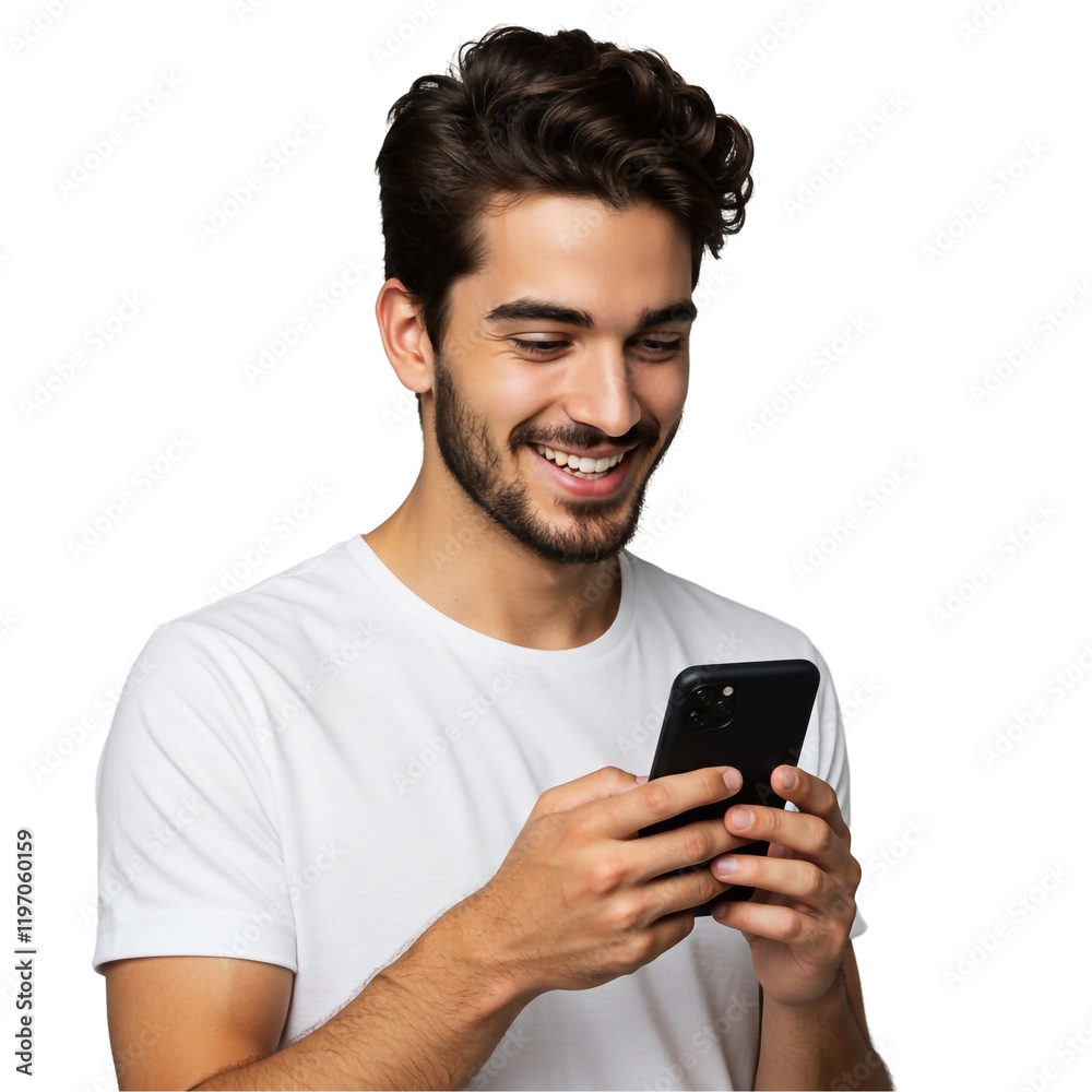 Young man smiling joyfully while looking at his phone screen, holding it in hands. Young man smiling joyfully while looking at his phone screen, holding it in hands.