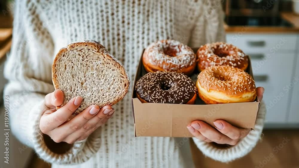 Young Caucasian woman holding donuts bread slice cozy sweater treats sunny kitchen Casual enjoyment homemade bakery products Simple pleasures create warm ambiance Fresh contrast healthy Enjoying