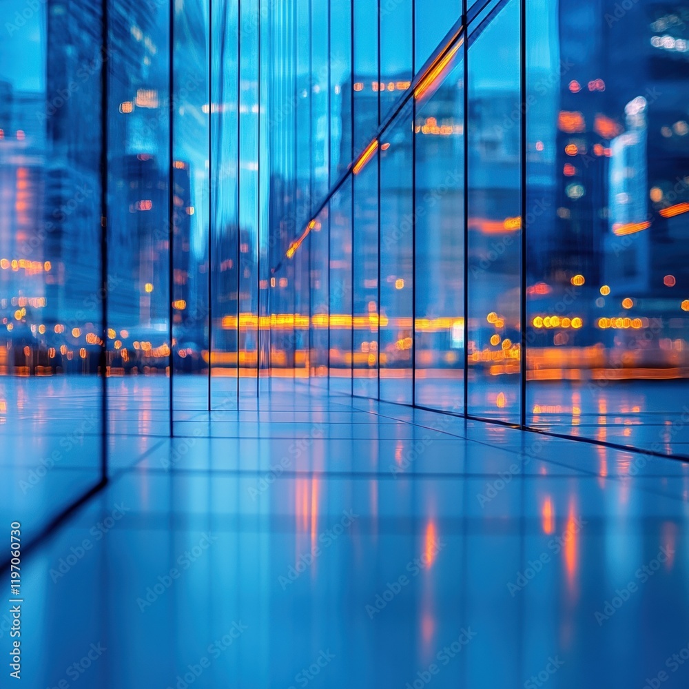 Fototapeta premium Futuristic urban reflection at dusk in modern cityscape