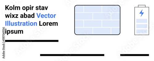 Battery icon indicating charge level, brick wall pattern, and sample text. Ideal for construction, energy, technology, engineering, educational materials, tech blogs, web design. Landing page