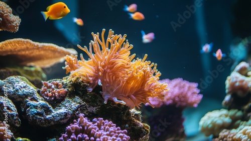 beautiful sea coral with small fish around the world photo