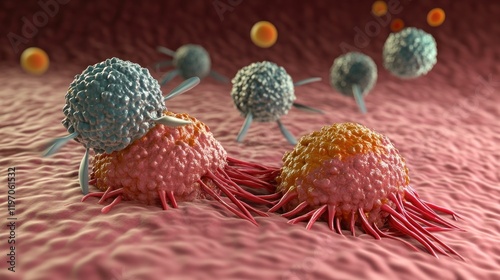 Immune cells attacking cancer cells in tissue photo