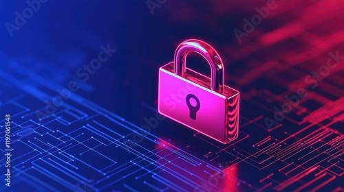 A stylized digital padlock illuminated in blue and pink, symbolizing cybersecurity and data protection.