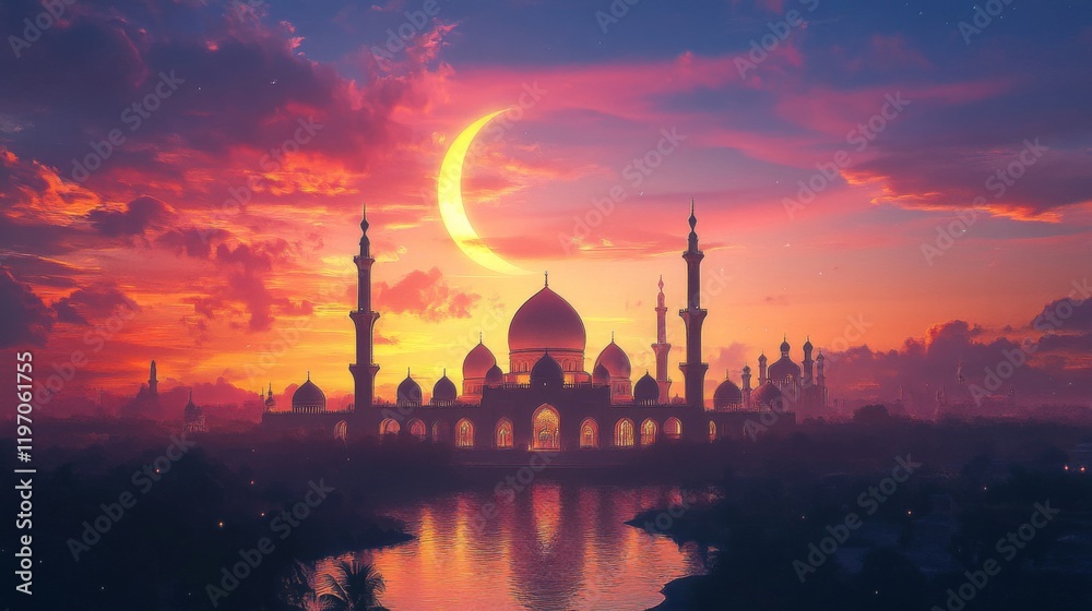 Fototapeta premium Majestic Mosque at Sunset with Crescent Moon