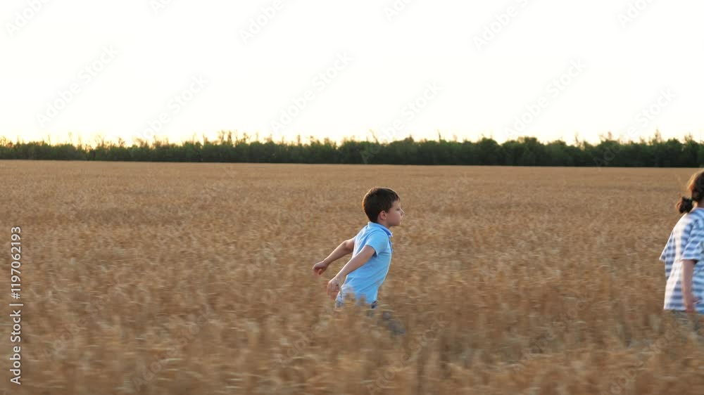 Active children rushing running across wheat meadow at sunset playing catch-up. Vigorous lively children sister brother boy girl fleeing through field. Feeling of carelessness carefreeness joy concept Active children rushing running across wheat meadow at sunset playing catch-up. Vigorous lively children sister brother boy girl fleeing through field. Feeling of carelessness carefreeness joy concept