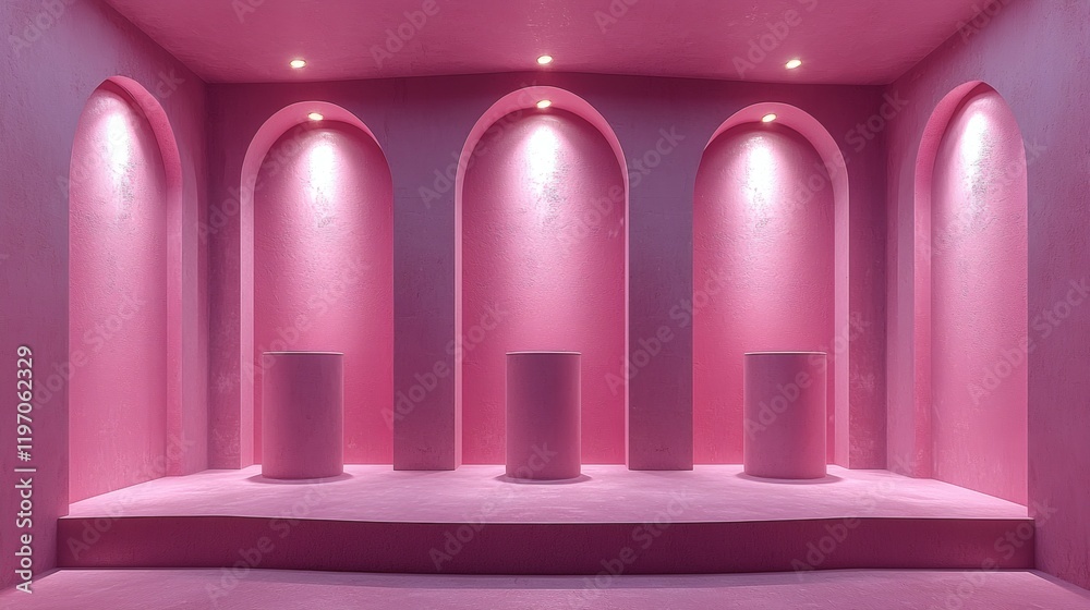 Pink Minimalist Archway Studio: A stunning minimalist studio featuring five arched alcoves with subtle lighting, all painted in a soft, dreamy pink hue. The space is perfect for showcasing products. Pink Minimalist Archway Studio: A stunning minimalist studio featuring five arched alcoves with subtle lighting, all painted in a soft, dreamy pink hue. The space is perfect for showcasing products.