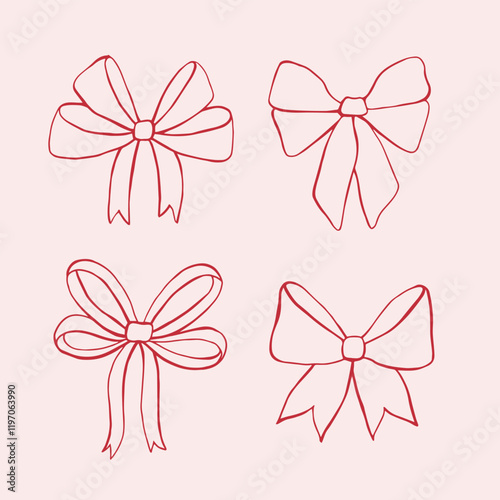 Set of red bows and ribbons. Outline decorative sketches holiday bows for gifts, surprise, or hair decor. Line art hand-drawn vector illustration 