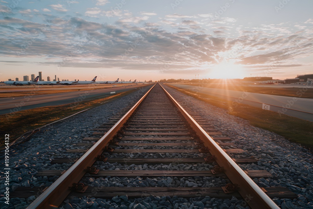 Fototapeta premium Golden Sunset Railway Tracks Airport Background Scenic View Airplane Travel Journey Railroad Transportation Infrastructure Railroad Transportation Rails Landscape Sunset Sky Golden Hour Airplanes 