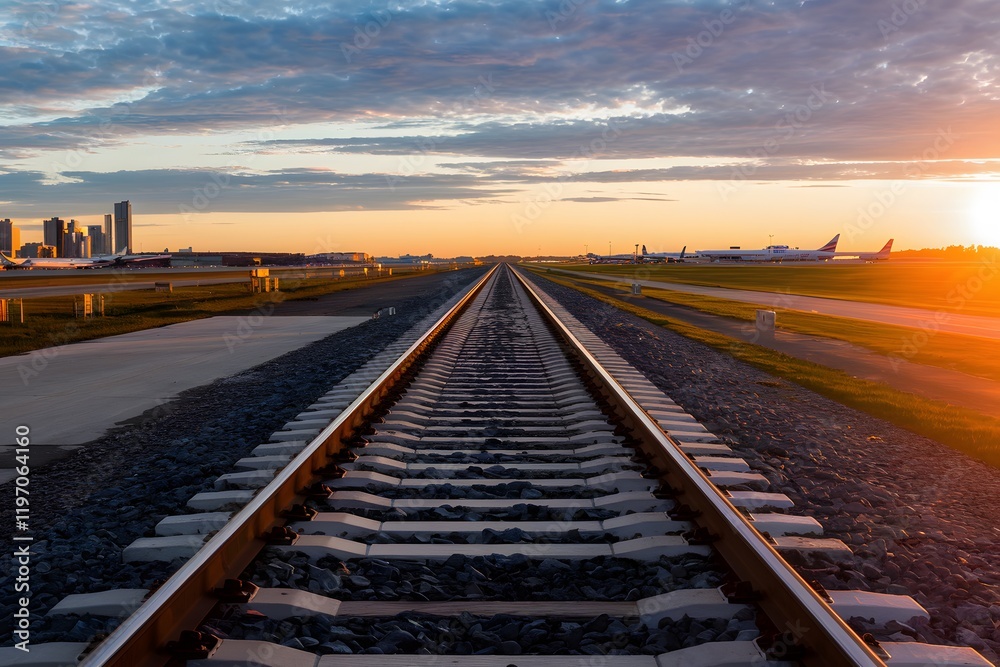Obraz premium Railway Tracks Leading to Airport at Sunset Golden Hour Scenic View Beautiful Railroad Transportation Travel Journey Cityscape Skyline Modern Infrastructure Amazing Summer Day Peaceful Landscape 