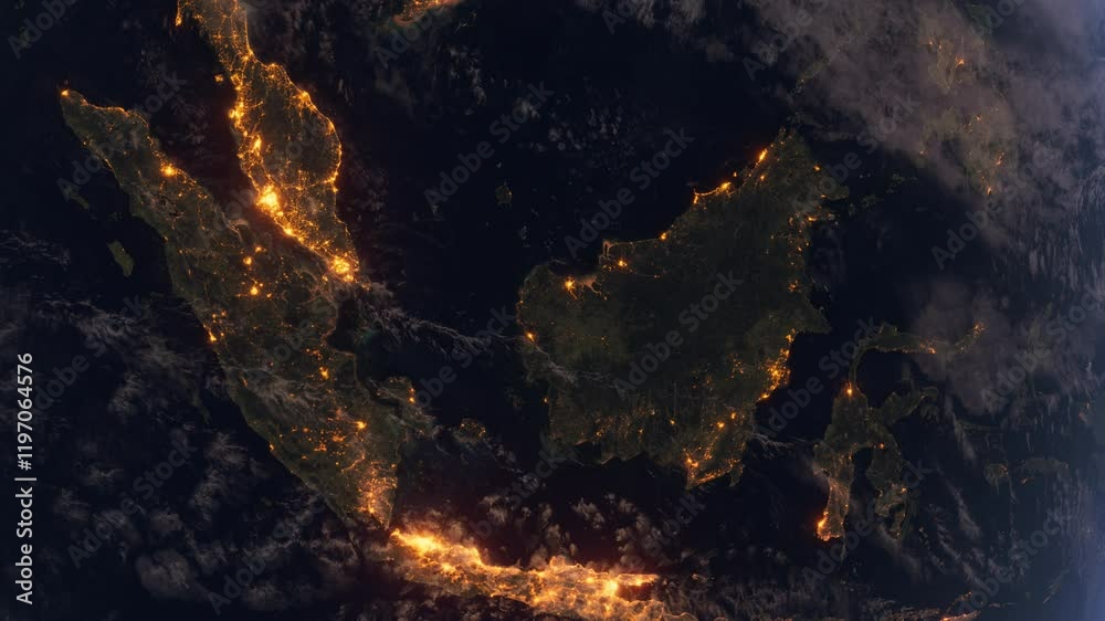 Southeast Asia from Space at Night. Night City Lights. Earth From Space Orbit. 4k, 29.97 fps.